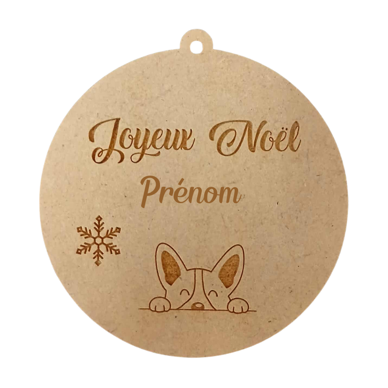 Boule de Noël personnalisée en bois – Gravure prénom & chien curieux 🐶