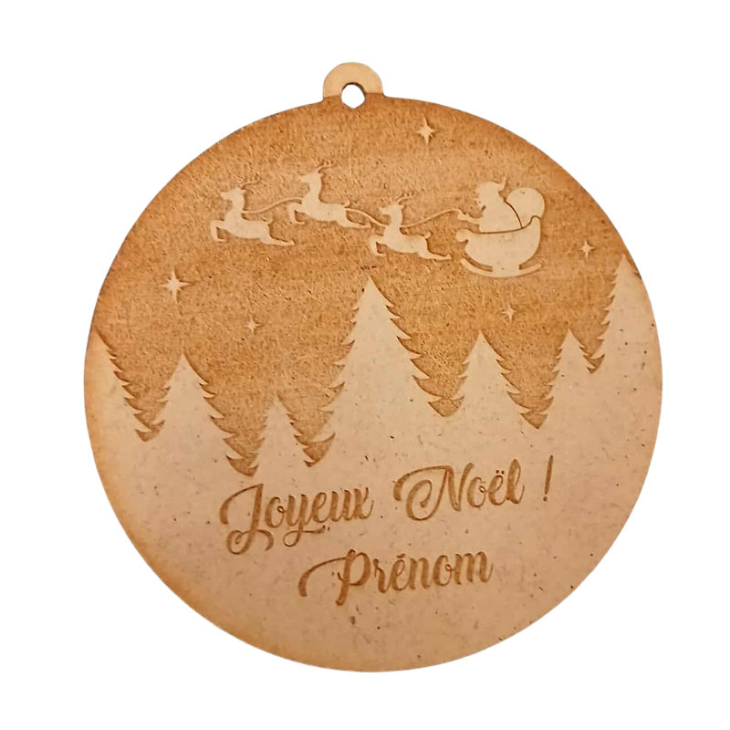 Boule de Noël personnalisée en bois – Traîneau du Père Noël & prénom gravé 🎅✨