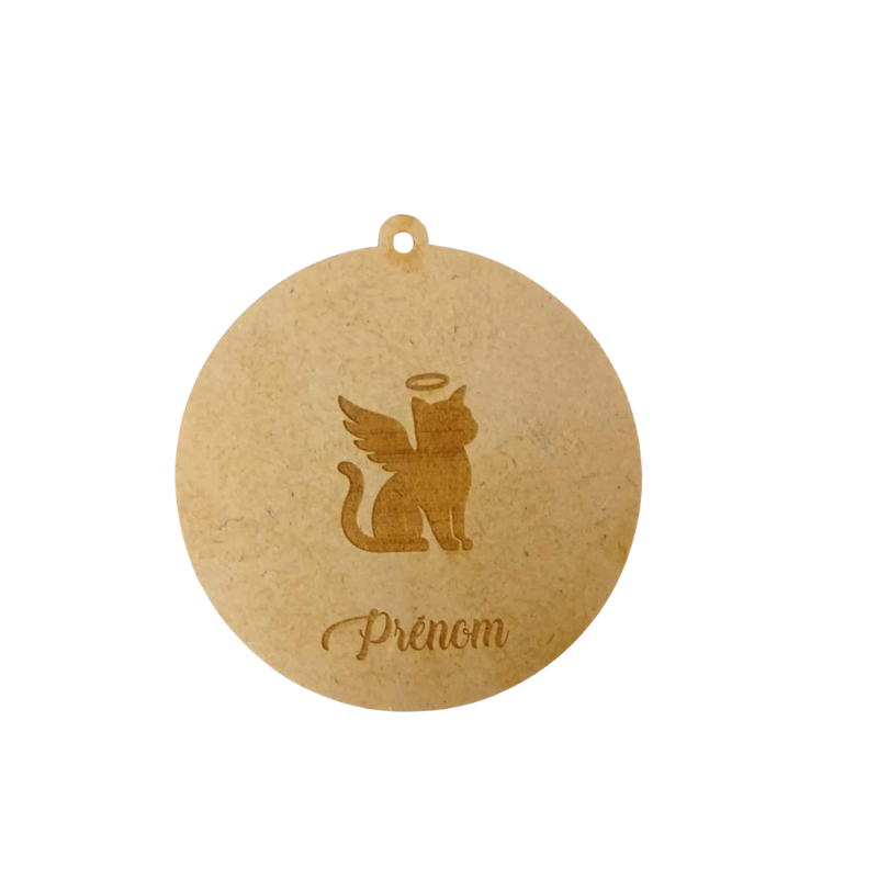 Boule de Noël personnalisée en bois – Chat ange avec prénom gravé 🕊️