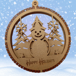Boule de Noël 3D en bois – Bonhomme de neige et flocon de neige