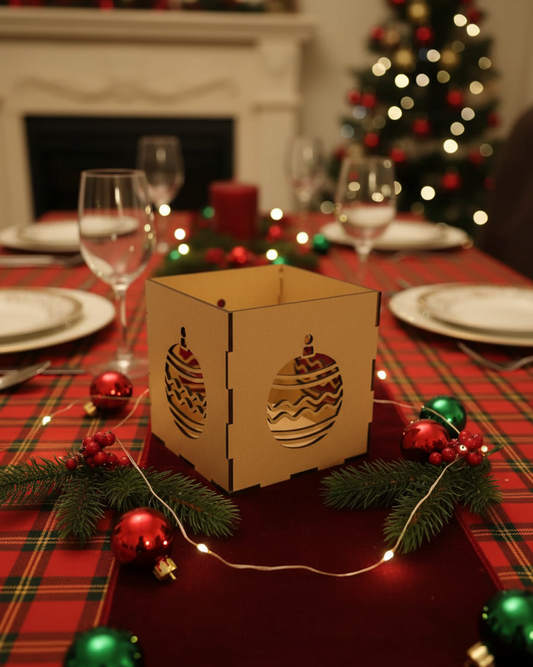 Photophore en bois motif boule de Noël