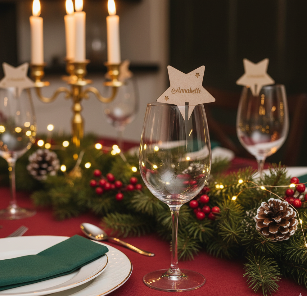 Marque-Place Étoile de Noël Personnalisé en Bois – Décoration de Table Festive