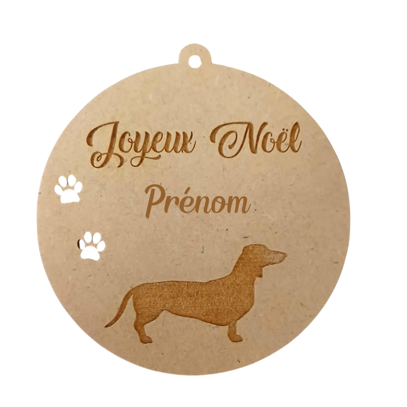 Boule de Noël personnalisée en bois – Gravure prénom & teckel 🐶