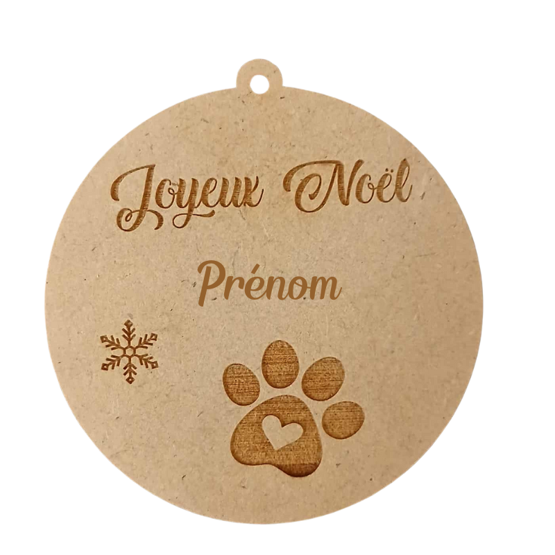 Boule de Noël personnalisée en bois – Gravure prénom & empreinte de patte 🐾