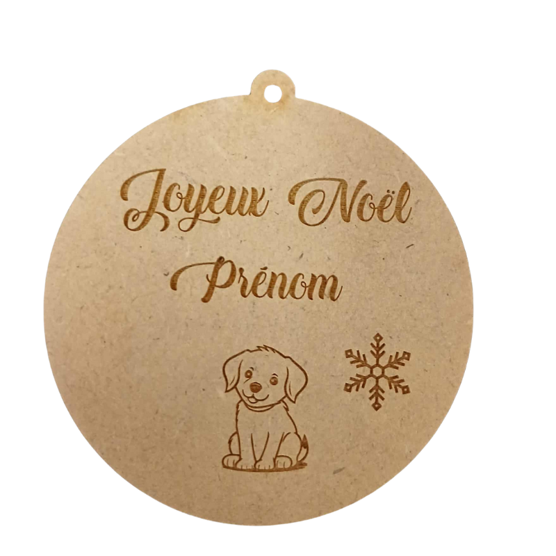 Boule de Noël personnalisée en bois – Gravure prénom & petit chiot 🐶
