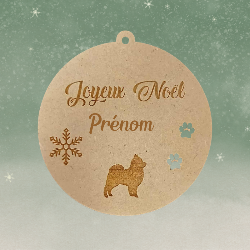 Boule de Noël personnalisée en bois – Gravure prénom & petit Spitz (Loulou de Poméranie)🐶