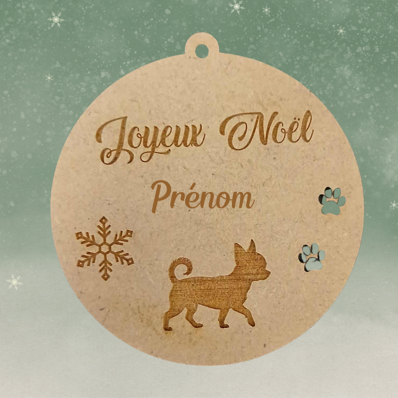 Boule de Noël personnalisée en bois – Gravure prénom & petit chien chihuahua spitz🐾