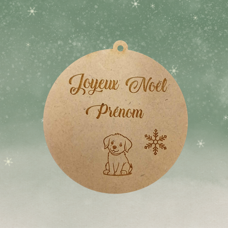 Boule de Noël personnalisée en bois – Gravure prénom & petit chiot 🐶