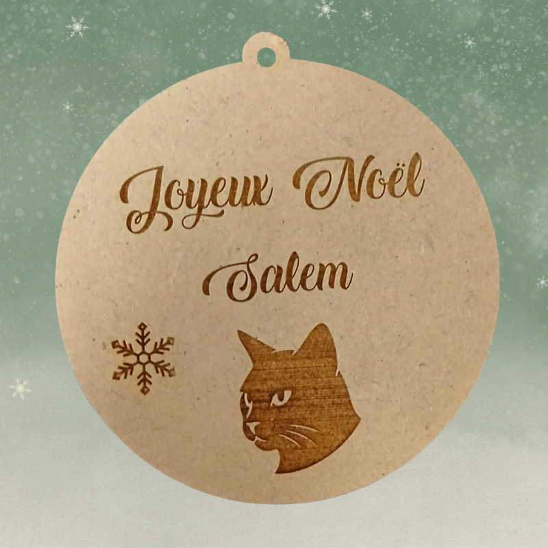 Boule de Noël personnalisée en bois – Gravure prénom & portrait de chat 🐾