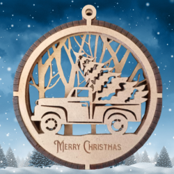 Boule de Noël 3D en bois – Pick-up transportant un sapin