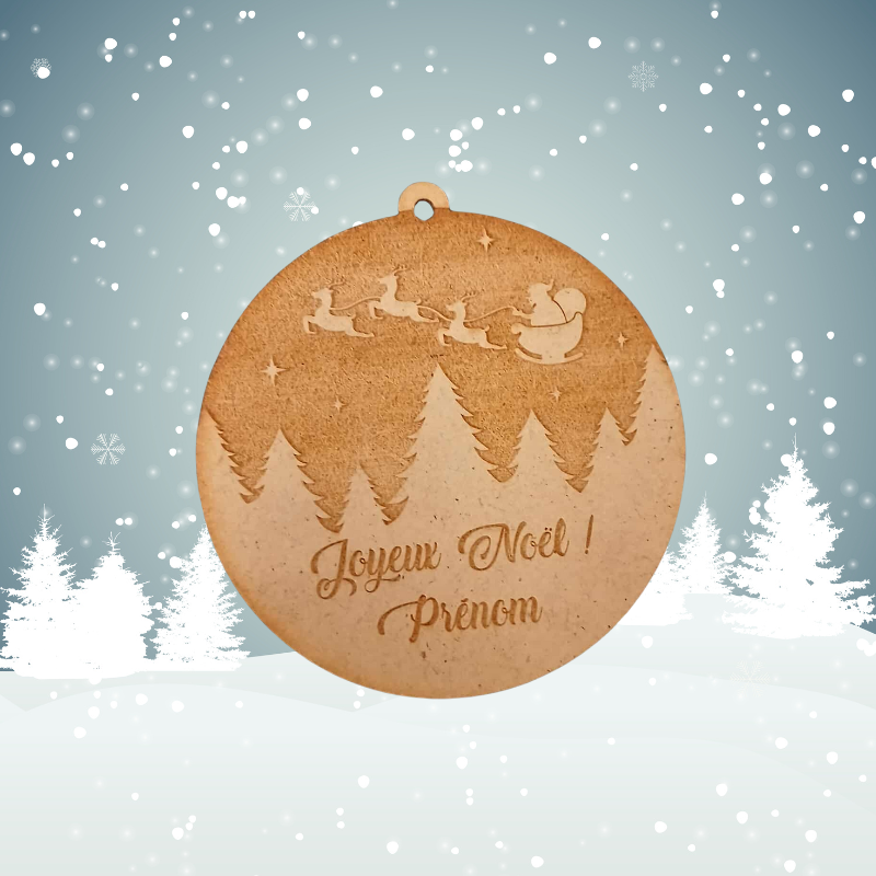 Boule de Noël personnalisée en bois – Traîneau du Père Noël & prénom gravé 🎅✨