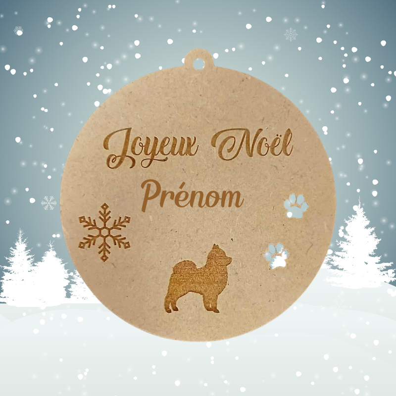 Boule de Noël personnalisée en bois – Gravure prénom & petit Spitz (Loulou de Poméranie)🐶