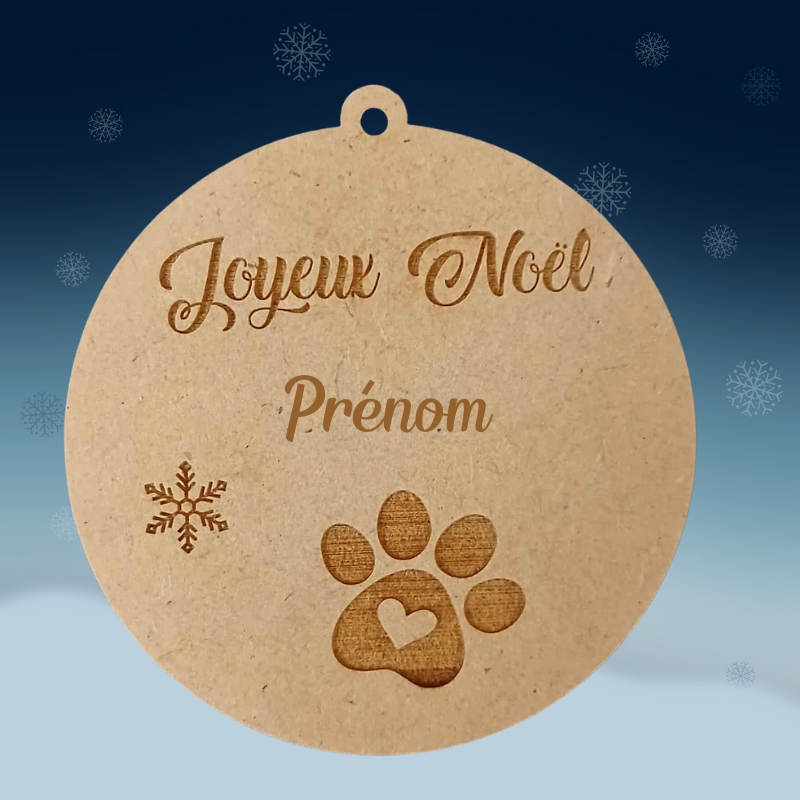 Boule de Noël personnalisée en bois – Gravure prénom & empreinte de patte 🐾