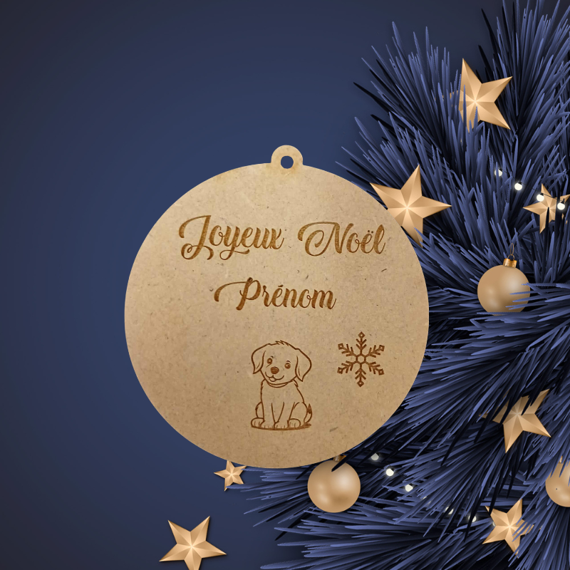 Boule de Noël personnalisée en bois – Gravure prénom & petit chiot 🐶
