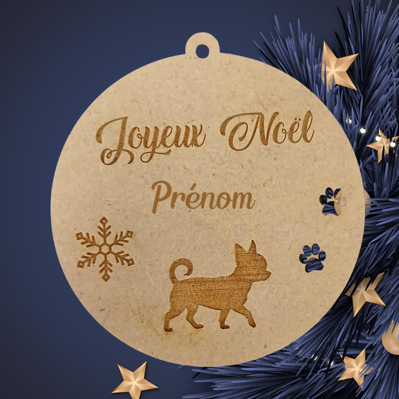 Boule de Noël personnalisée en bois – Gravure prénom & petit chien chihuahua spitz🐾