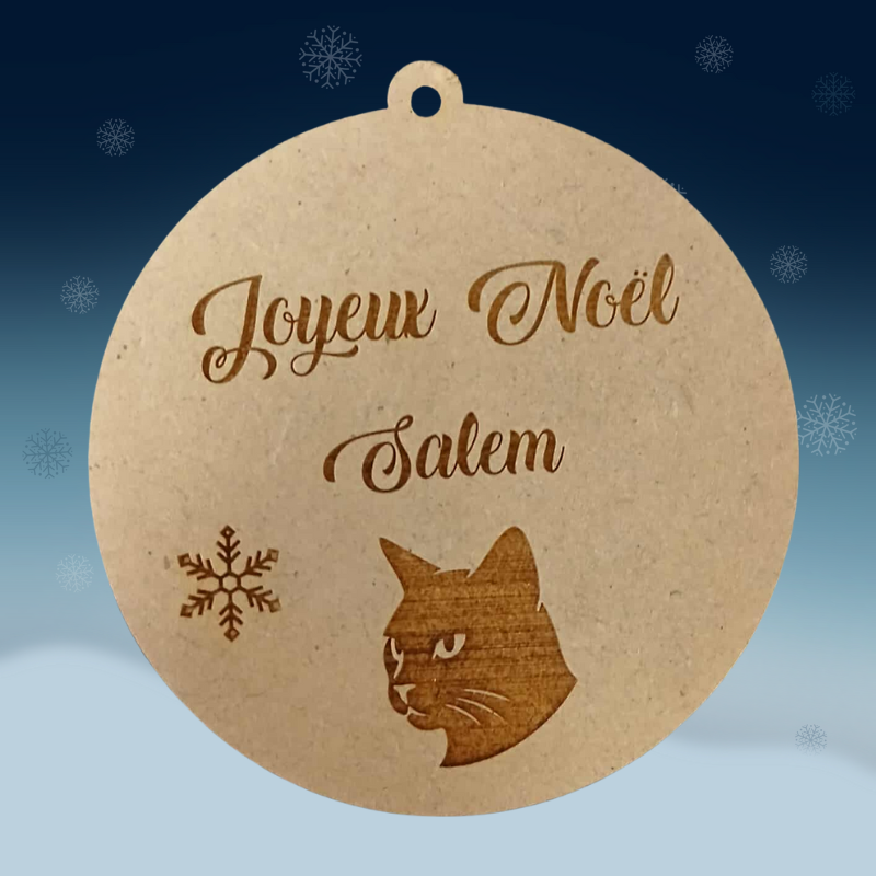 Boule de Noël personnalisée en bois – Gravure prénom & portrait de chat 🐾