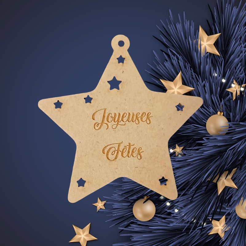 Étoile de Noël en bois – Gravure “Joyeuses Fêtes” ⭐