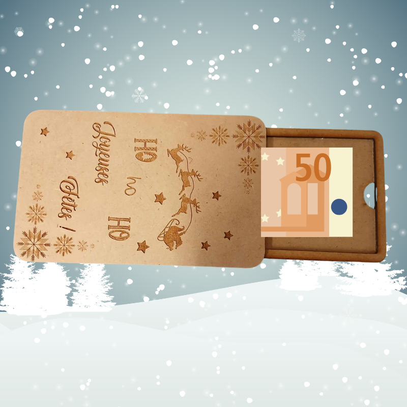 Boîte à billet ou carte cadeau en bois – Gravure “Ho Ho Ho – Joyeuses Fêtes” 🎁