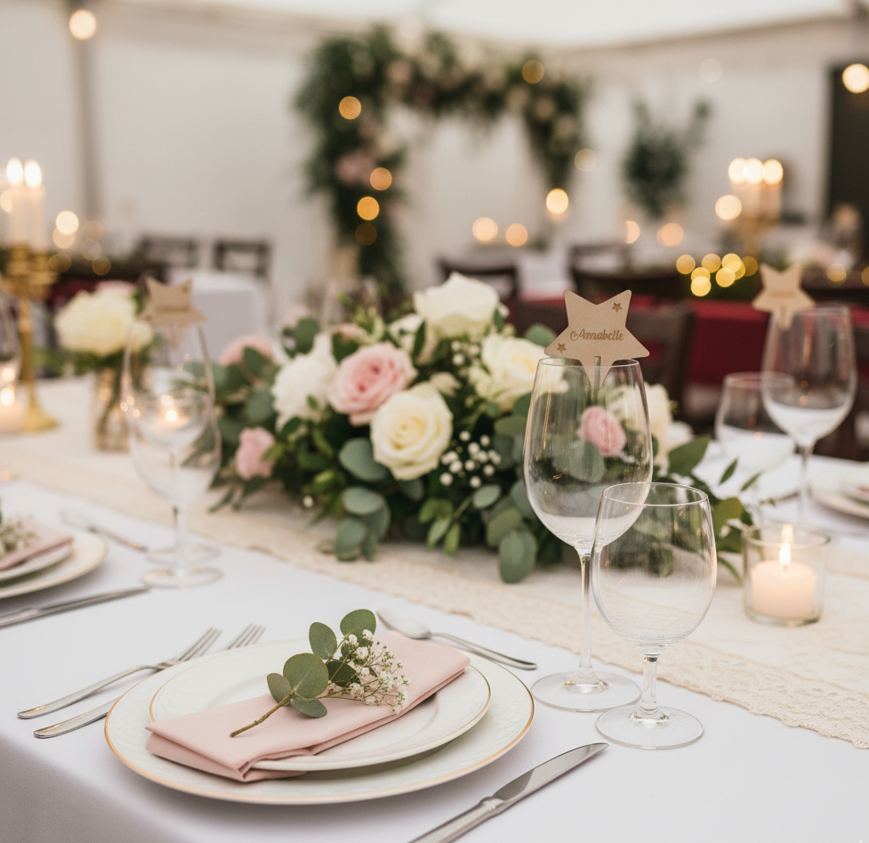 Marque-Place Étoile de Noël Personnalisé en Bois – Décoration de Table Festive