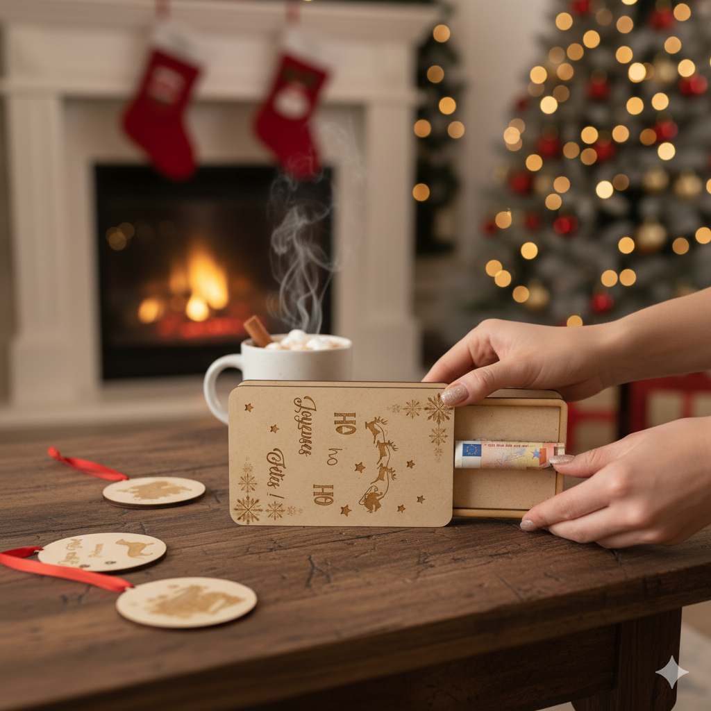 Boîte à billet ou carte cadeau en bois – Gravure “Ho Ho Ho – Joyeuses Fêtes” 🎁