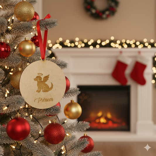 Boule de Noël personnalisée en bois – Chien ange avec prénom gravé 🕊️