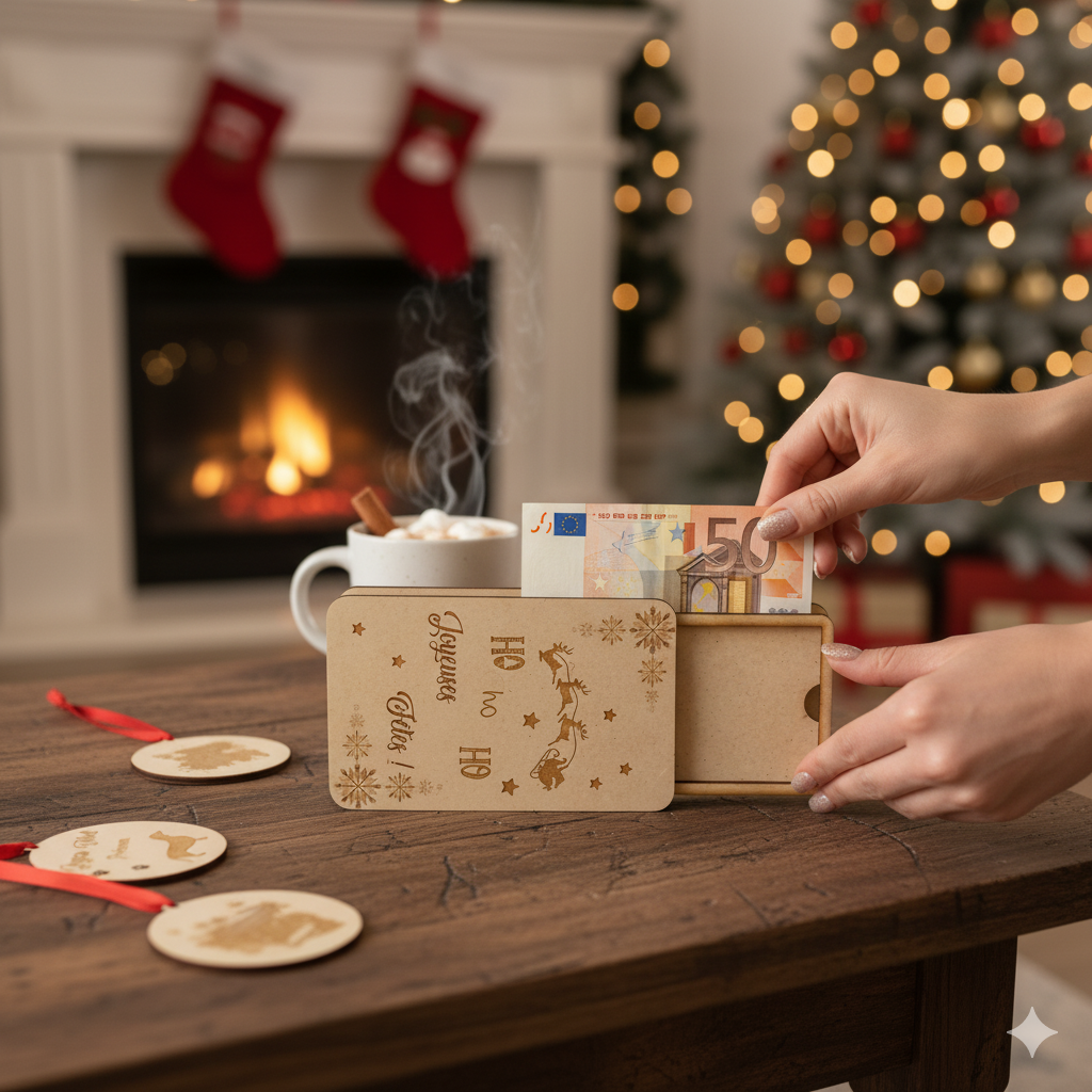 Boîte à billet ou carte cadeau en bois – Gravure “Ho Ho Ho – Joyeuses Fêtes” 🎁