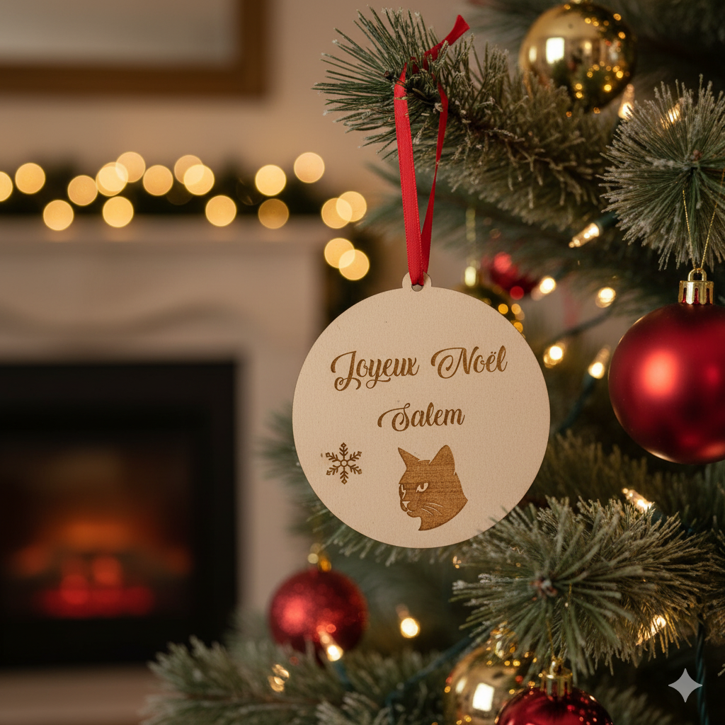 Boule de Noël personnalisée en bois – Gravure prénom & portrait de chat 🐾