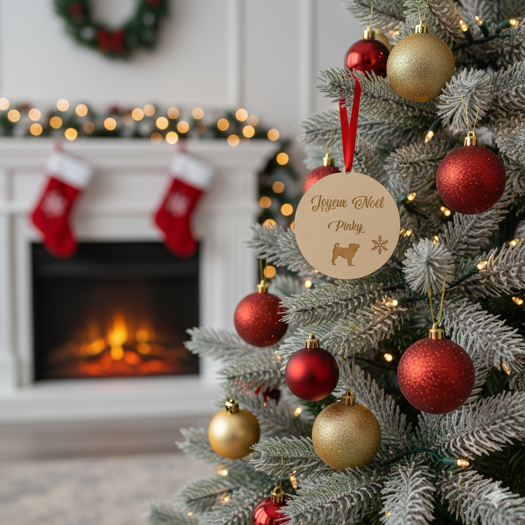 Boule de Noël personnalisée en bois – Gravure prénom & chien style pug zu 🐾