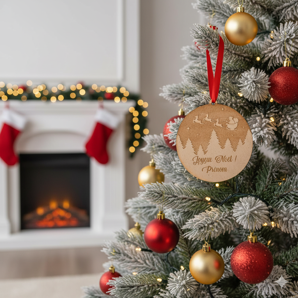 Boule de Noël personnalisée en bois – Traîneau du Père Noël & prénom gravé 🎅✨
