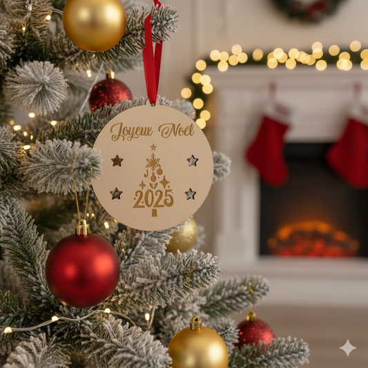 Boule de Noël en bois 2025 – Gravure “Joyeux Noël” & Sapin ajouré 🎄
