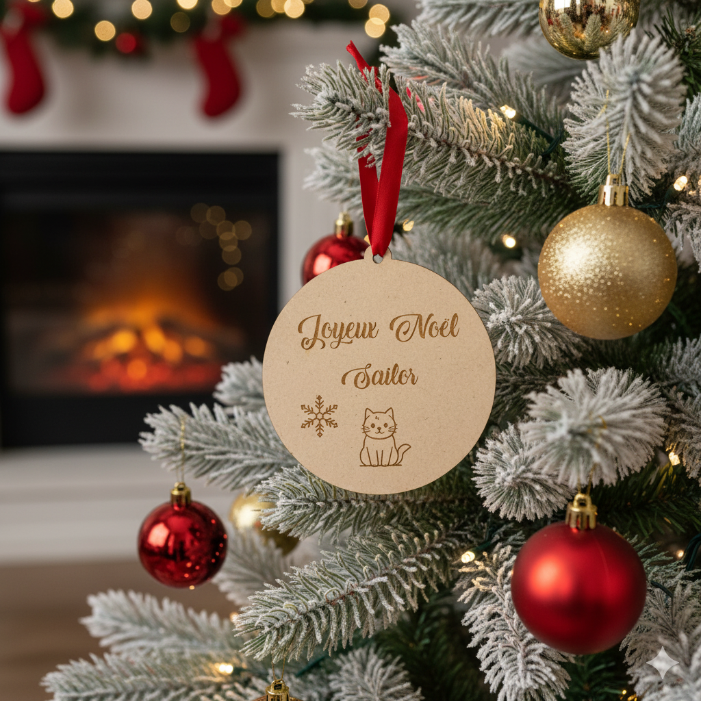 Boule de Noël personnalisée en bois – Gravure prénom & chat assis