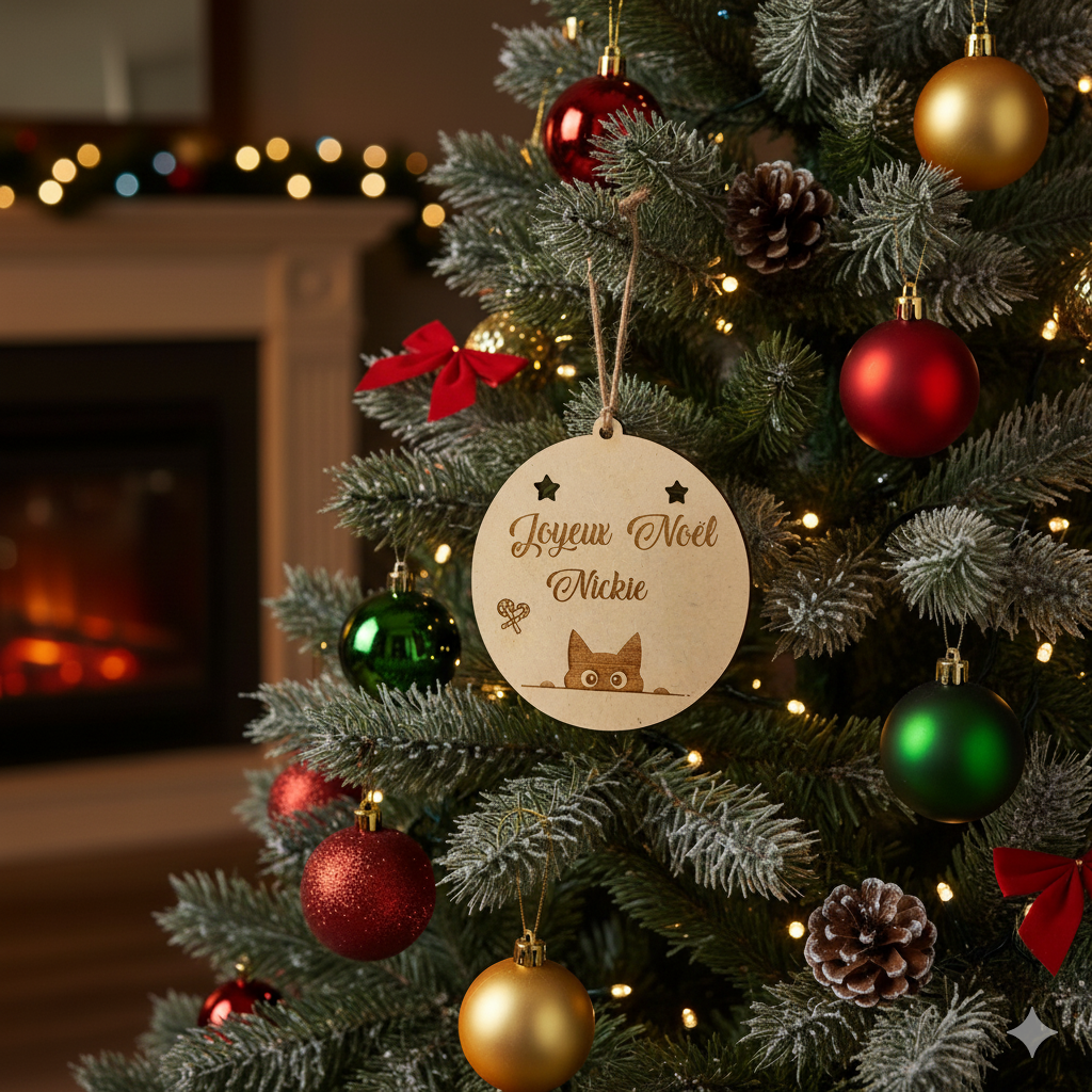 Boule de Noël personnalisée en bois – Gravure prénom & motif chat caché