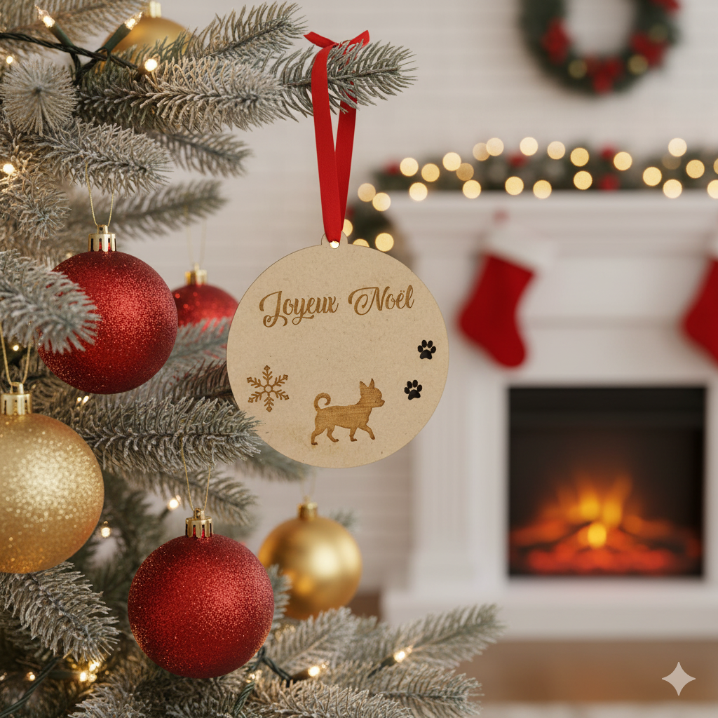 Boule de Noël personnalisée en bois – Gravure prénom & petit chien chihuahua spitz🐾