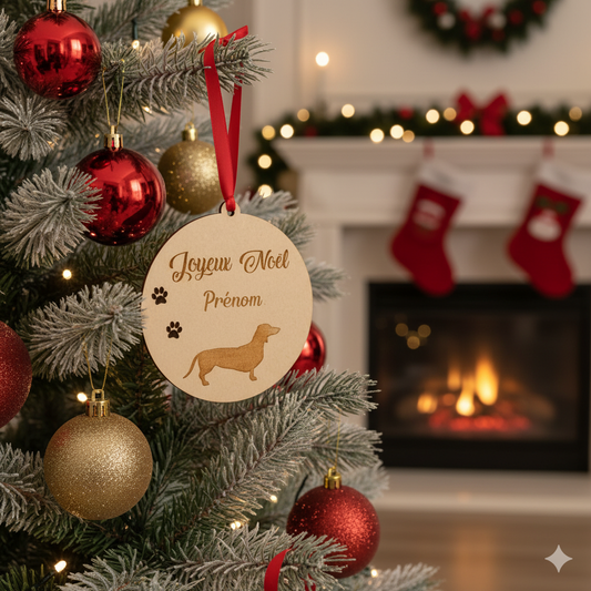 Boule de Noël personnalisée en bois – Gravure prénom & teckel 🐶