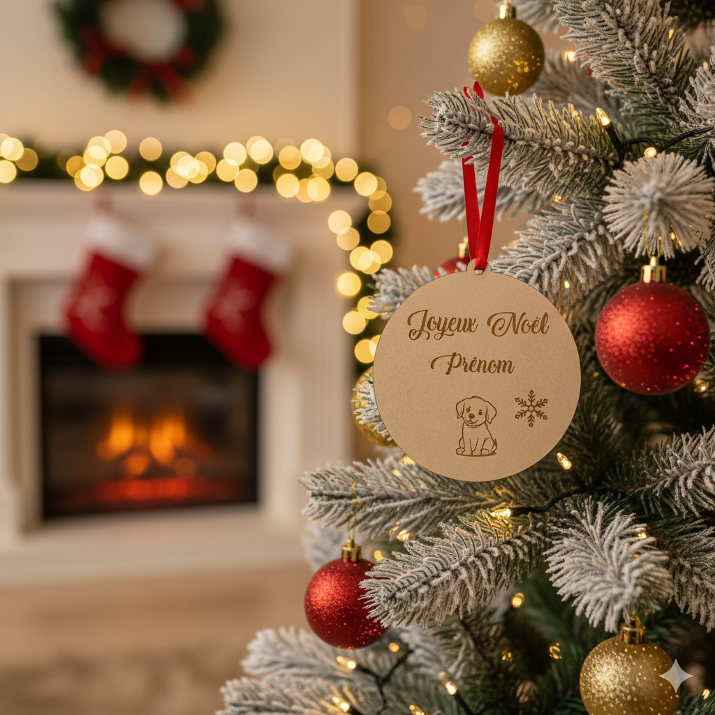 Boule de Noël personnalisée en bois – Gravure prénom & petit chiot 🐶