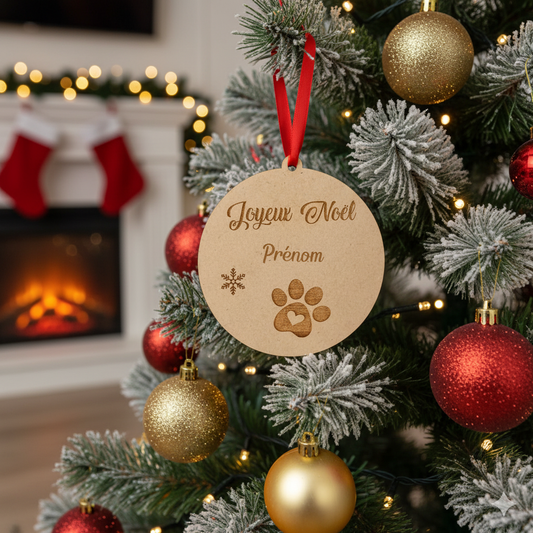 Boule de Noël personnalisée en bois – Gravure prénom & empreinte de patte 🐾