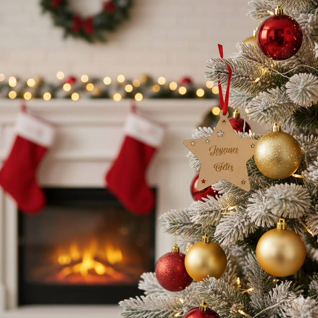 Étoile de Noël en bois – Gravure “Joyeuses Fêtes” ⭐