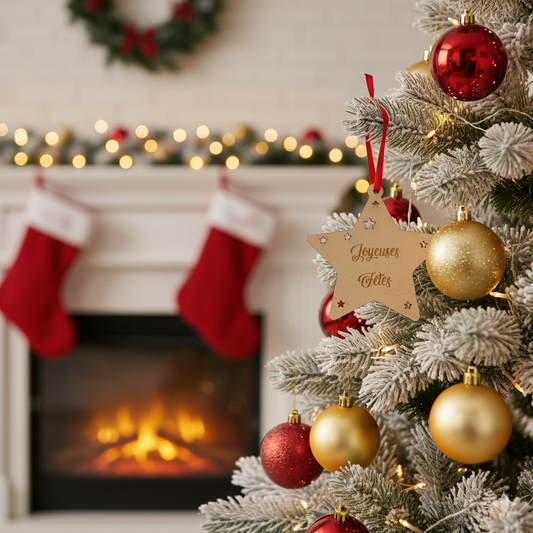 Étoile de Noël en bois – Gravure “Joyeuses Fêtes” ⭐