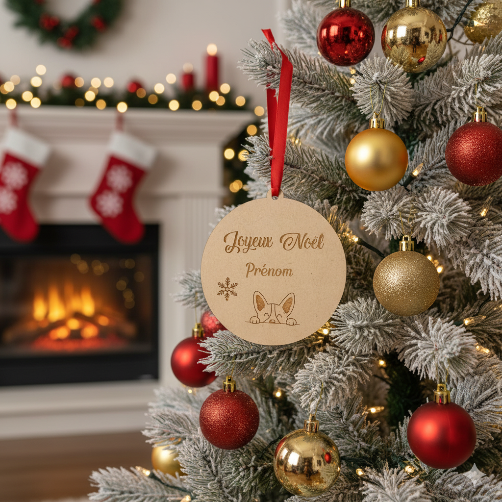 Boule de Noël personnalisée en bois – Gravure prénom & chien curieux 🐶