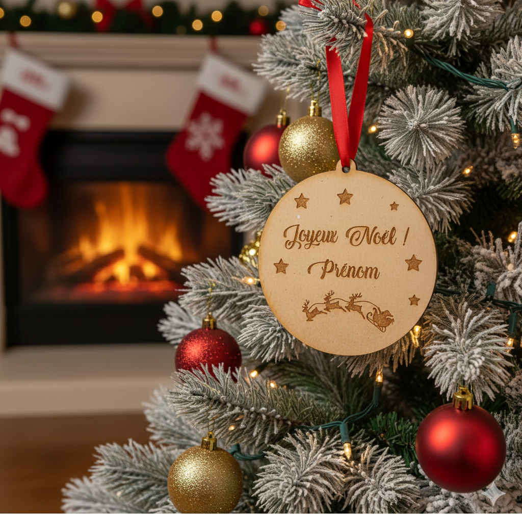 Boule de Noël personnalisée en bois – Père Noël, étoiles & prénom gravé 🎅✨
