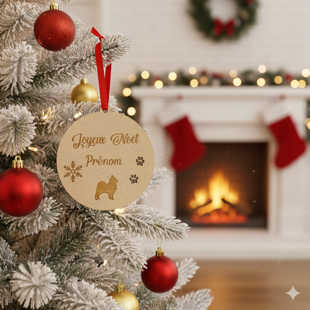 Boule de Noël personnalisée en bois – Gravure prénom & petit Spitz (Loulou de Poméranie)🐶
