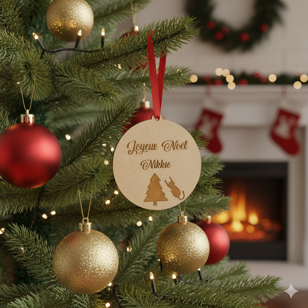 Boule de Noël personnalisée en bois – Gravure prénom & chat joueur