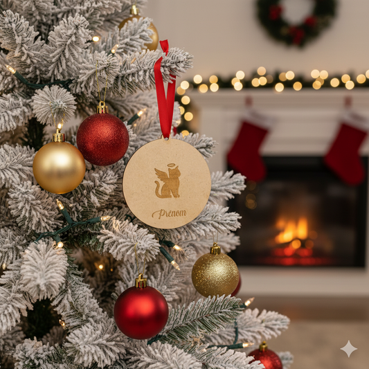 Boule de Noël personnalisée en bois – Chat ange avec prénom gravé 🕊️